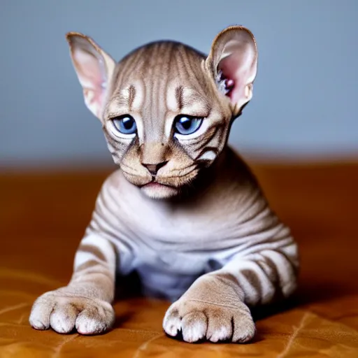Prompt: tiny wrinkly sphinx kitten