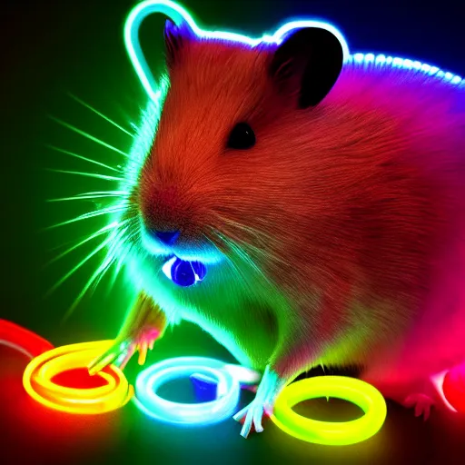 Image similar to cyberpunk hamster made of glowing rainbow neon lights holding a rainbow gem crystal, light reflection, 8 k, hd, logo