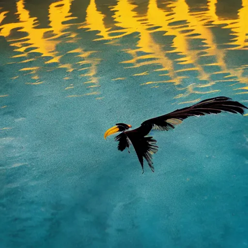 Prompt: a wide - angle national geographic award winning analog photograph, high resolution of a flying hornbill bird flying over a pool of golden melting honey