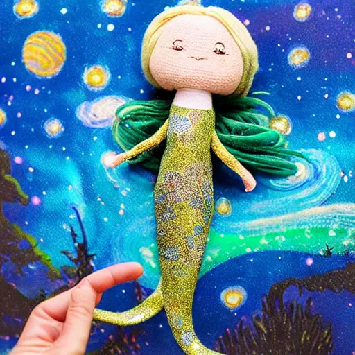 Prompt: a finely knit bipedal chibi starry night eel mermaid plush doll, wearing peacock feather mage robes with gold accent jewelry, inside a handcrafted cardboard observatory to look at the hand painted night sky full of glittery star stickers and glow in the dark star stickers, adorable, charming, macro camera lens, well lit, cinematic, real life, led lights, cotton clouds