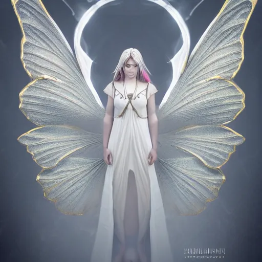 Prompt: hymn of a large symmetric portrait character fairy elf and white angels artbreeder in a glory highly detailed light white smoke ornate smoke misty sacral environment intelligent scrollwork majestetic ambient uplight 8k light cosmos photobash gold lighting epic cinematic style wideangle cinematic shot hyperreal