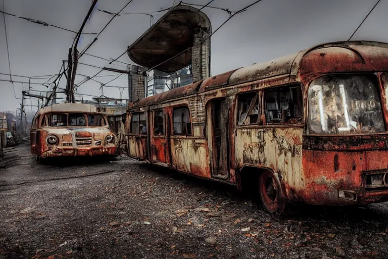 Image similar to low wide angle shot of dilapidated fallout 5, desolate, dilapidated neon signs, few rusted retro futuristic vintage parked vehicles like cars, ( ( ( buses, trucks, trams ) ) ), volumetric lighting, photorealistic, foggy, rain daytime, autumn, overcast weather, sharp focus, ultra detailed, 4 0 0 0 k