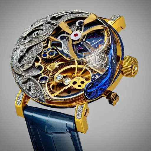 Prompt: a steampunk sleek, jewelled, tropical bird repeater watch by Jaquet Droz, highly detailed illustration highlights, gold and silver highlights, neon blue highlights, macro photography, F/2.8, trending on artstation, octane render