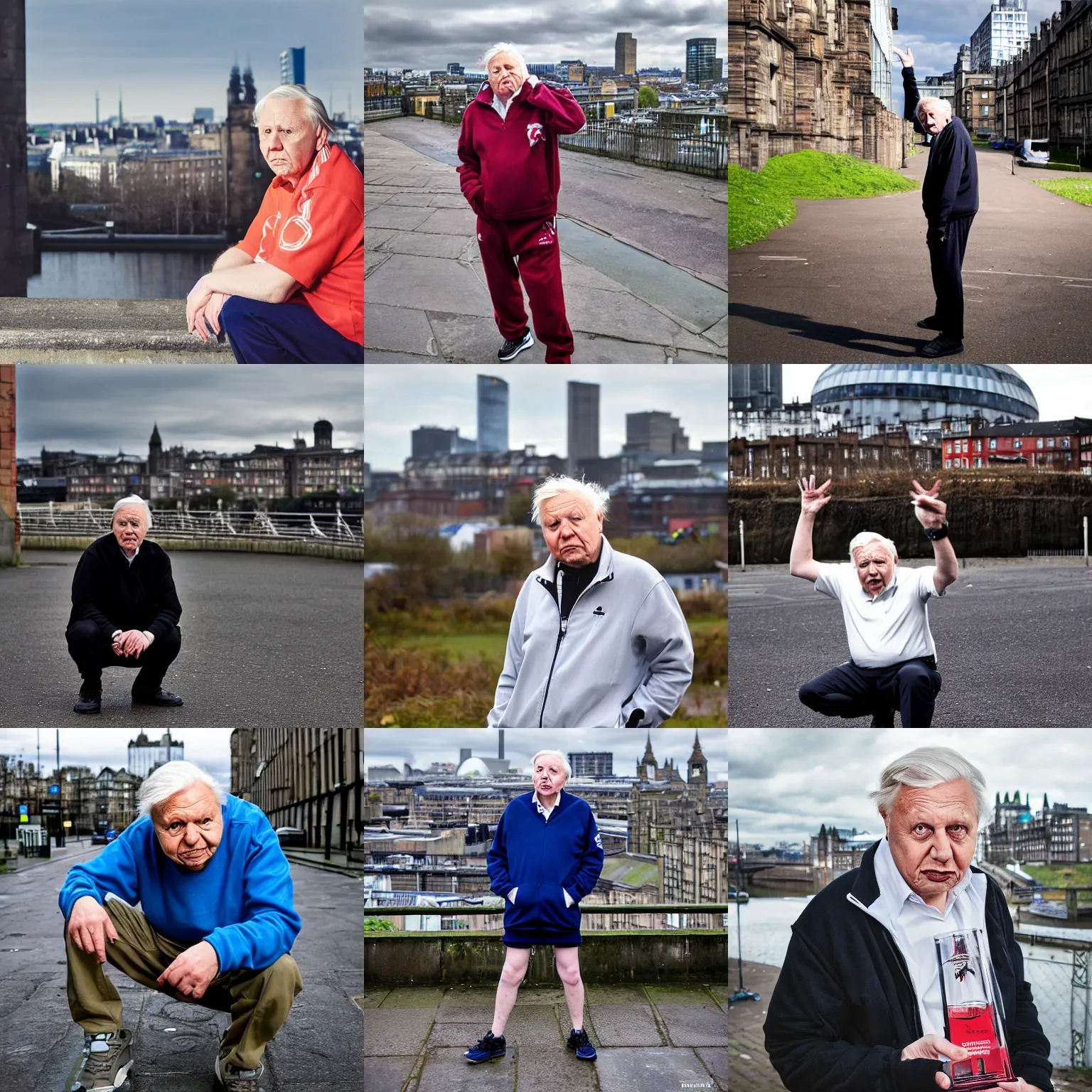 Prompt: david attenborough dressed as a chav, addidas, caps sideways, vodka, squatting, award winning photograph, street photo, glasgow in background