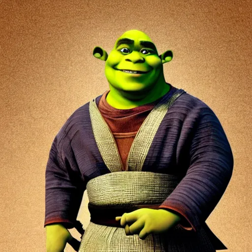 Image similar to Shrek in a samurai outfit