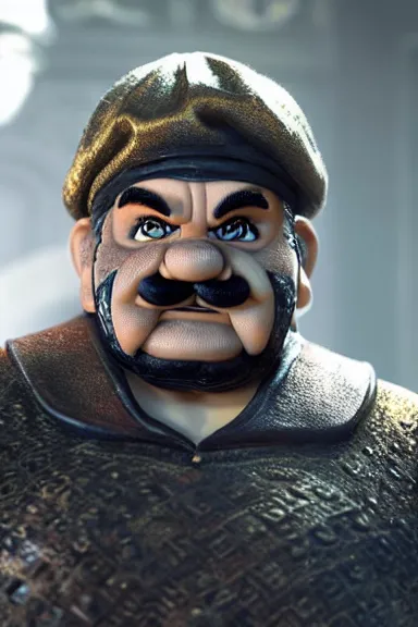 Image similar to very very intricate photorealistic photo of wario wearing his hat in an episode of game of thrones, photo is in focus with detailed atmospheric lighting, award - winning details