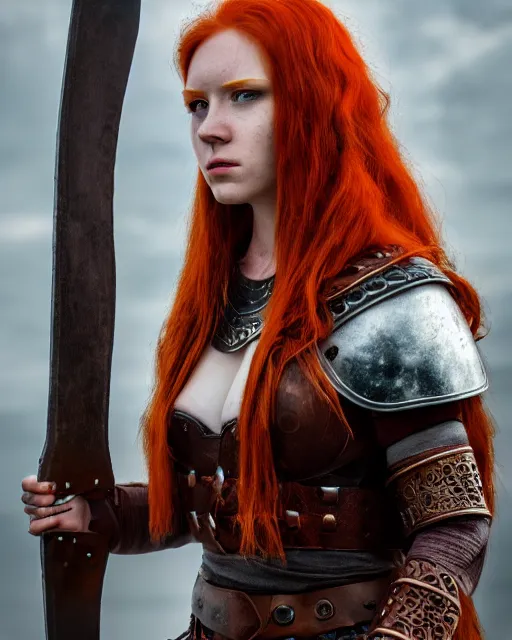 Image similar to north female warrior, red hair, ginger hair, long hair, fantasy, female Viking, high detailed, photography, cloudy, lightweight leather armour, Scandinavia, plain, detailed face, cute face, model, glowing skin, serious face, full body, professional photographer, masterpiece, 8k, 3D