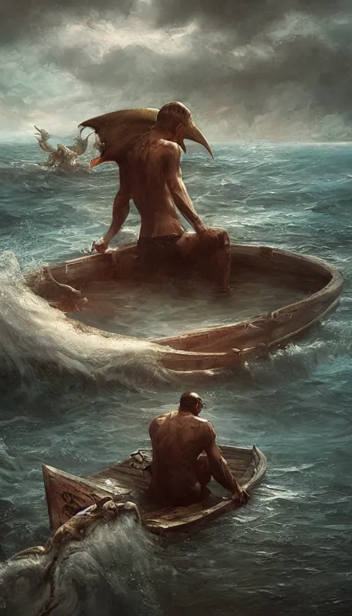 Image similar to man on boat crossing a body of water in hell with creatures in the water, sea of souls, by wlop