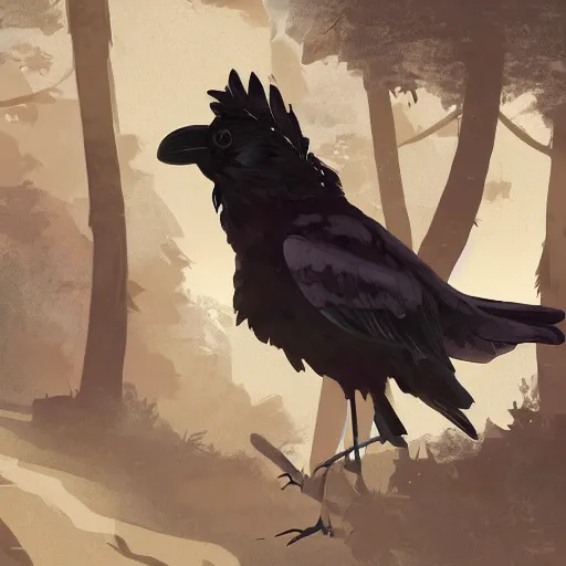 Image similar to concept art painting of a person with a head of a crow, with steampunk clothes, in the deep forest, realistic, detailed, cel shaded, in the style of makoto shinkai and greg rutkowski and james gurney