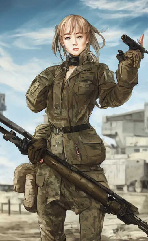 Prompt: portrait of a female soldier, highly detailed, high resolution, military camp in the background, genshin impact visual style, illustration, stunning, girls frontline style, bokeh soft, 3d rendering, trending on artstation, 100mm, award winning photography, by professional photographer, realistic human anatomy, realistic military carrier, modern warfare, realistic weapon, shot with a arriflex 35 ii, low saturation, small eyes, thick artline