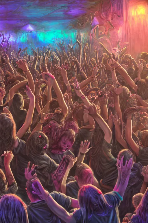 Image similar to a death metal band playing on a little kid party, mosh pit, wide angle, super highly detailed, professional digital painting, artstation, concept art, smooth, sharp focus, no blur, no dof, extreme illustration, Unreal Engine 5, Photorealism, HD quality, 8k resolution, cinema 4d, 3D, beautiful, cinematic, art by artgerm and greg rutkowski and alphonse mucha and loish and WLOP