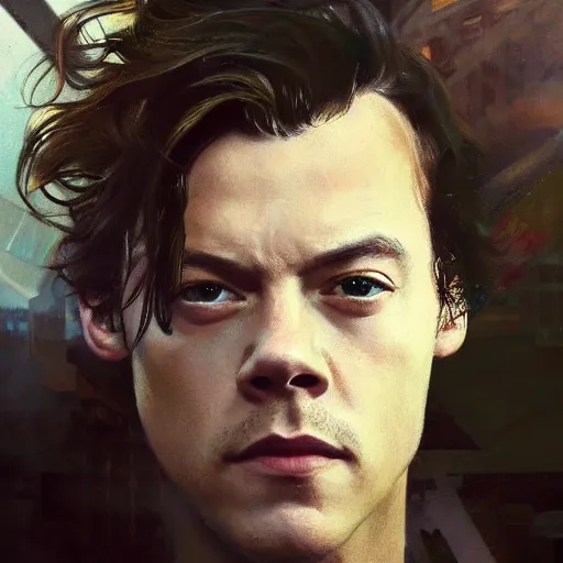 Image similar to harry styles, hyperrealistic portrait, bladerunner street, art of elysium by jeremy mann and alphonse mucha, fantasy art, photo realistic, dynamic lighting, artstation, poster, volumetric lighting, very detailed face, 4 k, award winning