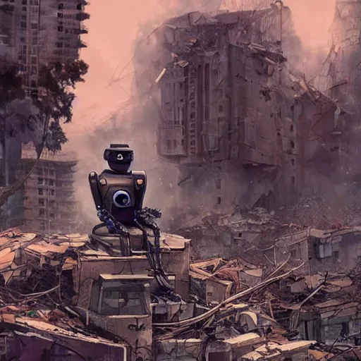 Prompt: robot sitting on a building watching a destroyed city covered by vegetation, epic, post apocalyptic, highly detailed digital art