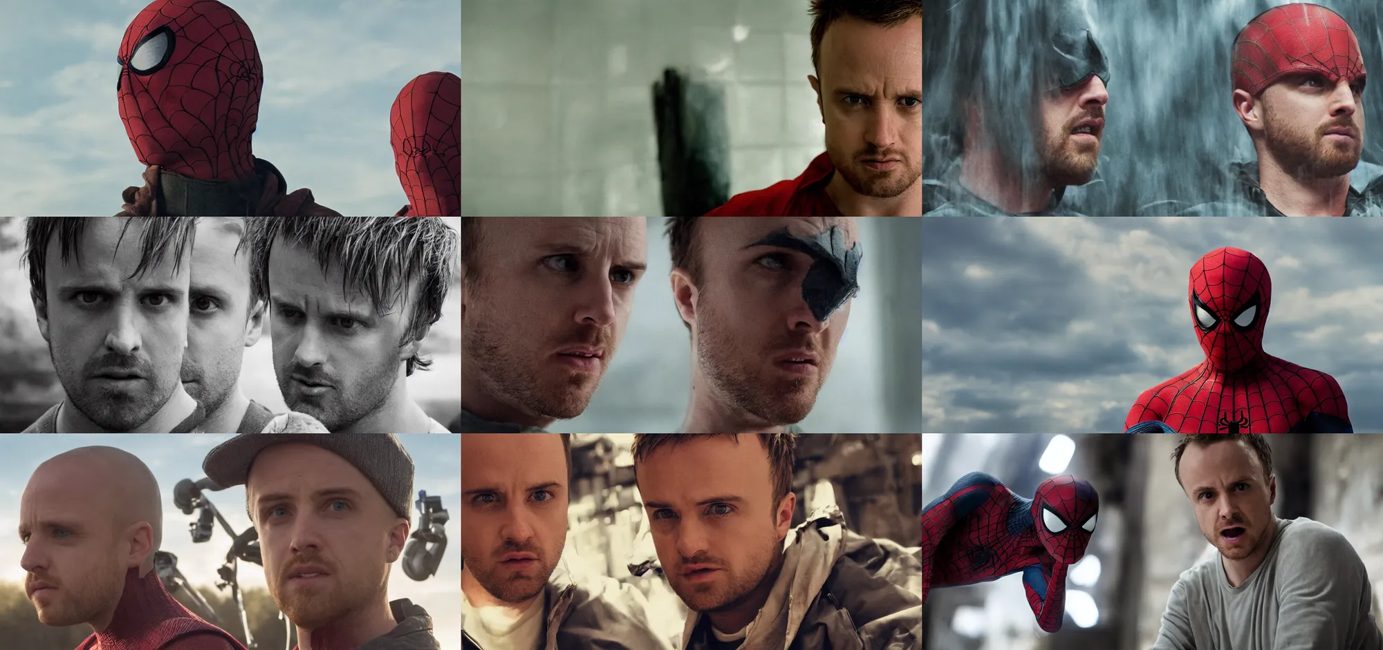 Prompt: Jesse Pinkman as Spider-Man, film still, close-up, cinematic lens, heroic portrait