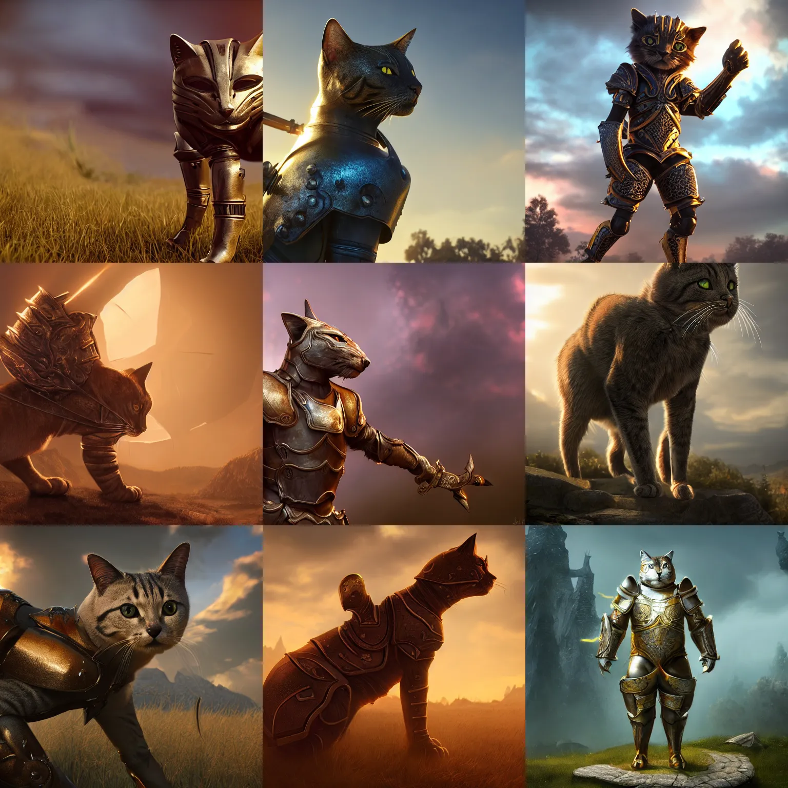 Prompt: cool looking anthrophomorphic cat in armor, sheathed weapon, fantasy, unreal engine, realistic, golden hour, depth of field, cinematic lighting, 8 k