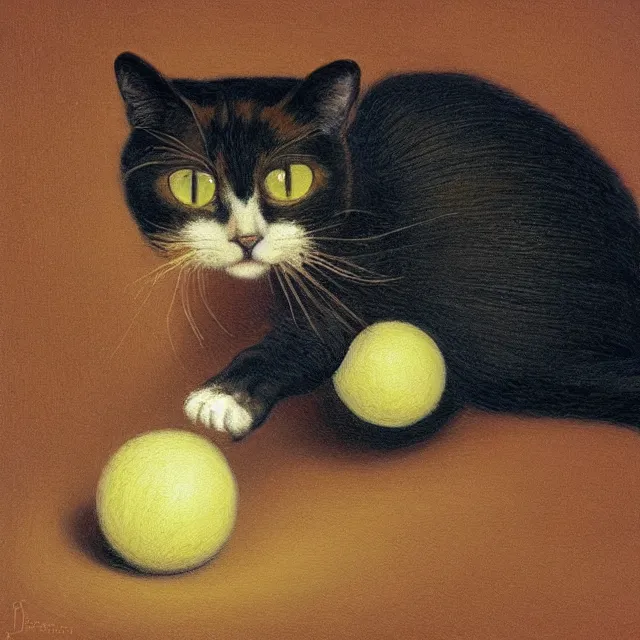 Prompt: a painting of a cat chasing a ball of yarn by johfra bosschart, dark fantasy art, high detail, trending on artstation