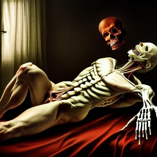 Image similar to !dream Human with translucent skin, visible muscles and human bones and spine and nerves, beautiful detailed intricate insanely detailed octane render, 8K artistic photography, photorealistic, chiaroscuro, by David Cronenberg, Raphael, Caravaggio