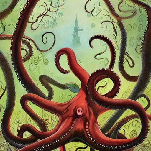 Image similar to a painting of an octopus in the woods, a storybook illustration by Daniel Merriam, featured on deviantart, fantasy art, lovecraftian, storybook illustration, biomorphic