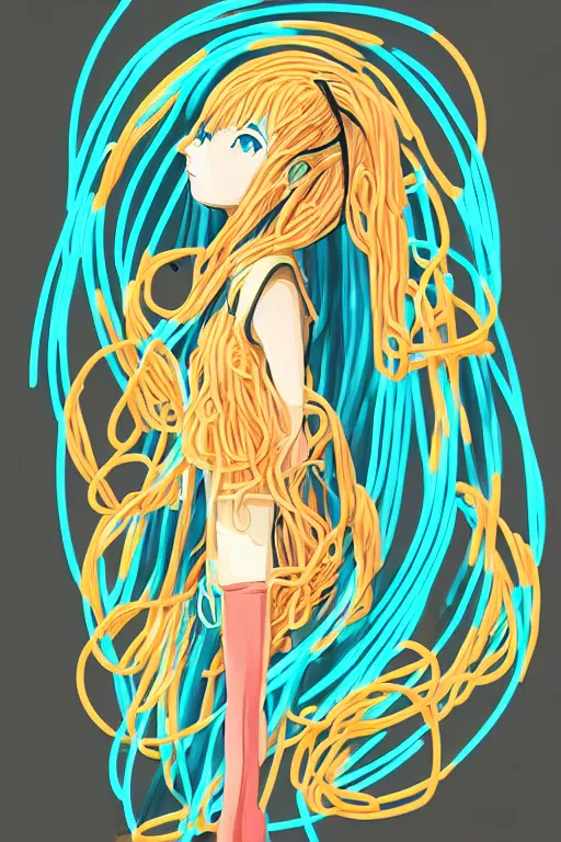 Prompt: Hatsune miku silhouette inside from pasta. Spaghetti. Linguine. Pasta shells. Macaroni. Trending on artstation. Digital painting.