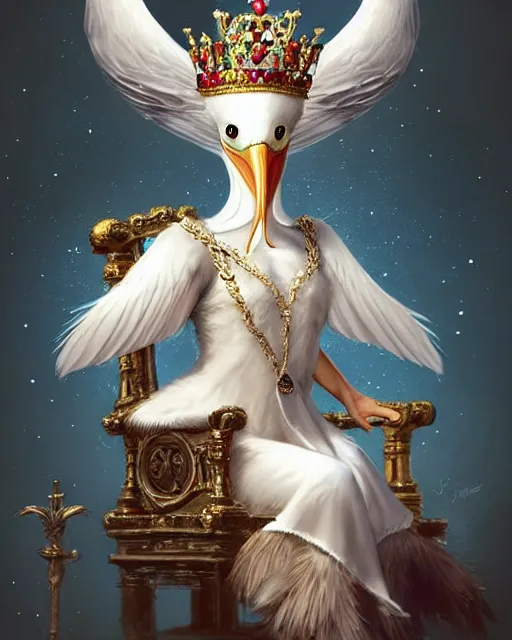 Image similar to concept art of a pelican wearing a crown, sitting on a throne in a castle | | cute - fine - fine details by stanley artgerm lau, wlop, rossdraws, and sakimichan, trending on artstation, brush strokes
