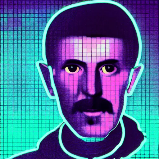 Image similar to nikola tesla in hoodie, thin, portrait, vaporwave, synthwave, neon, vector graphics, cinematic, volumetric lighting, f 8 aperture, cinematic eastman 5 3 8 4 film, photorealistic