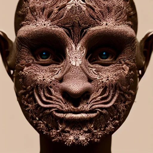 Image similar to beatifull frontal face portrait of a woman, 150mm, anatomical, flesh, flowers, mandelbrot fractal, symmetric, intricate, elegant, highly detailed, ornate, ornament, sculpture, elegant , luxury, beautifully lit, ray trace, octane render in the style of peter Gric and alex grey