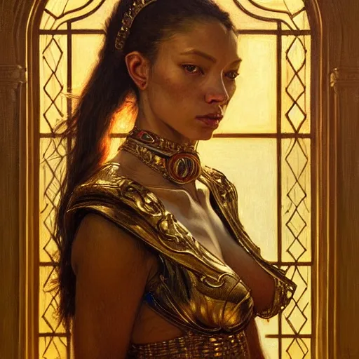 Image similar to highly detailed portrait of a majestic lioness queen in the form of a beautiful woman. d & d. art by donato giancola, eugene delacroix, ruan jia, ivan bilibin. trending on artstation, intricate details, energetic composition, golden ratio, concept art, illustration, elegant art, global illuminaition