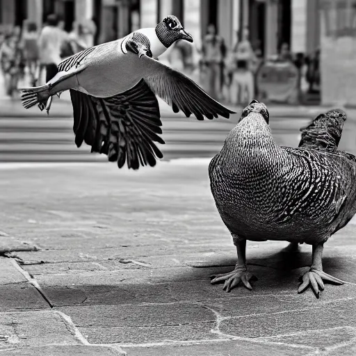 Image similar to a mexican pigeon being complacent with a french platypus spy, in the middle of pissa square, animation, sepia photography