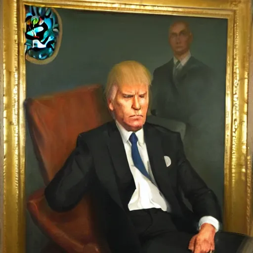 Prompt: senator armstrong from metal gear rising revengeance sitting in oval office, oil painting, presidential portrait