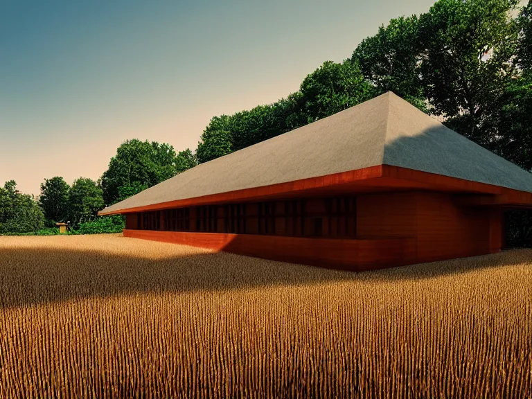 Image similar to hyperrealism design by frank lloyd wright and kenzo tange photography of beautiful detailed small house around the forest in small ukrainian village depicted by taras shevchenko and wes anderson and caravaggio, wheat field behind the house, volumetric natural light