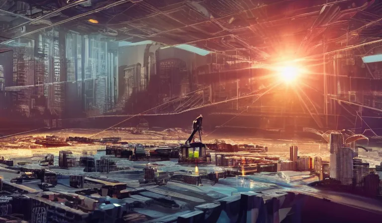 Prompt: big group of people in simple warehouse, looking at hologram of futuristic city on a table, cinematic concept art, godrays, golden hour, natural sunlight, 4 k, clear details, tabletop model buildings, center model buildings, hologram center, crane shot, crane shot, crane shot