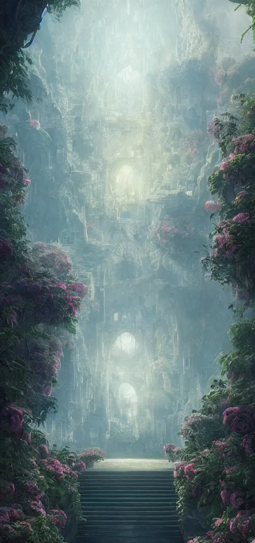 Image similar to vanishing point palace is like the kremlin covered with aqua blue roses on a lake, viewed from afar, stephen bliss, misty, unreal engine, fantasy art by greg rutkowski, loish, ferdinand knab, and lois van rossdraws,, global illumination, radiant light, minimalist, detailed and intricate environment