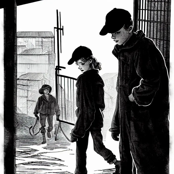 Image similar to sadie sink in dirty workmen clothes waves goodbye to workmen. near a gate. background : factory, dirty, polluted. technique : black and white pencil and ink. by gabriel hardman, joe alves, chris bonura. cinematic atmosphere, detailed and intricate, perfect anatomy