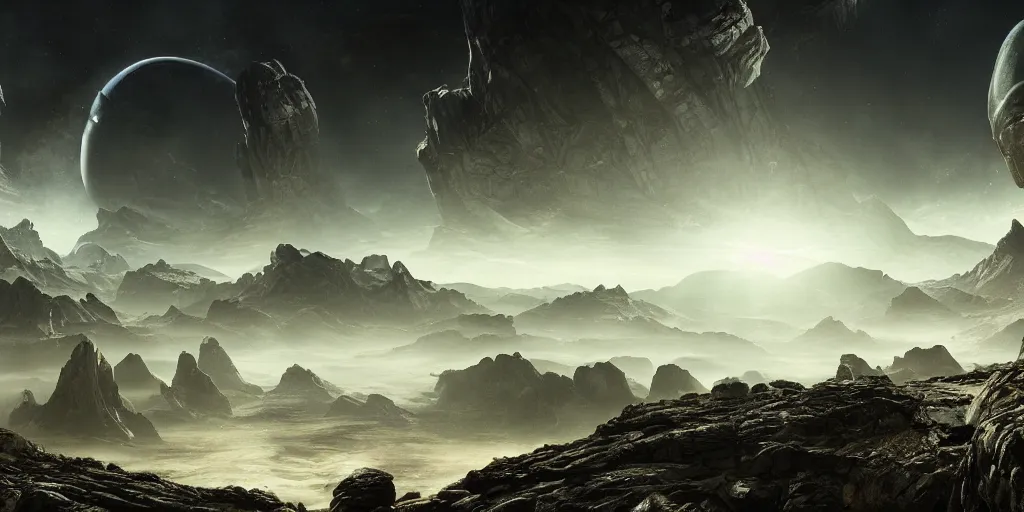 Prompt: alien environment with epic mountains and cliffs and planets in the sky by hans ruedi giger, epic lighting, cinematographic, 8 k, award winning, ultra detailed