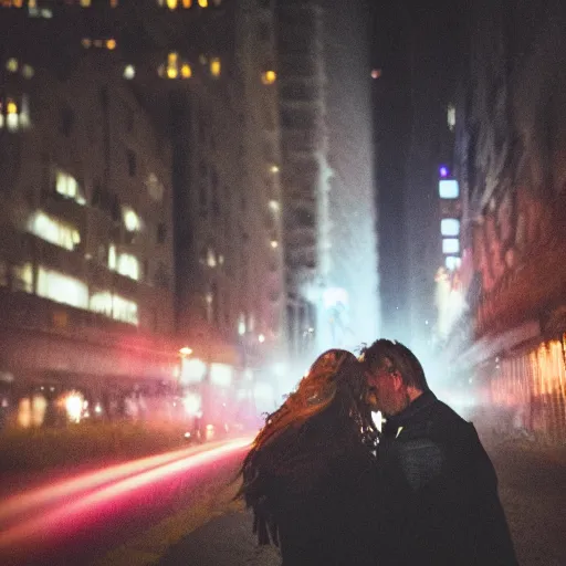 Image similar to closeup of face, steam punk, dramatic neon lighting, F1.5, hair being blown around, city behind them