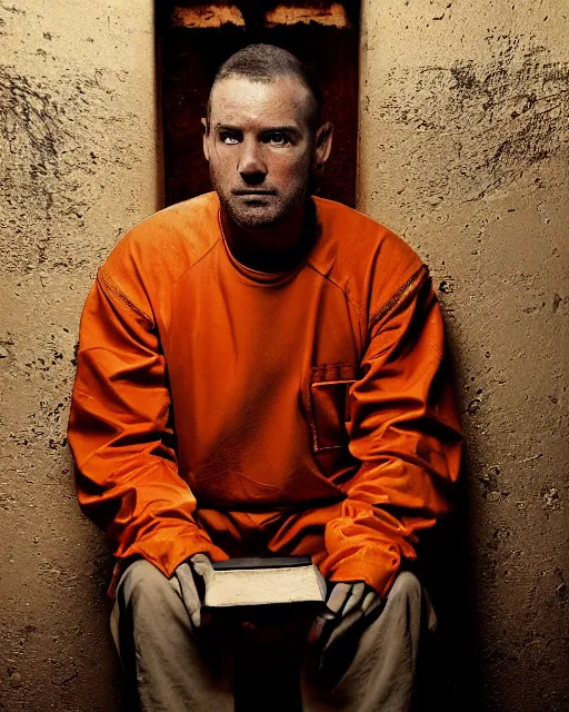 Prompt: a head and shoulders portrait of Donald wearing orange prison clothing, sitting on a toilet holding a bible in a filthy rat infested concrete jail In a maximum security prison, dimly lit, volumetric lighting,, craig mullins octane, 8k,