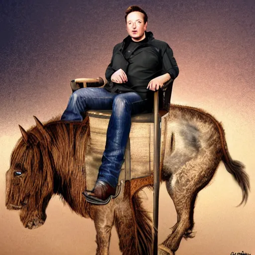 Image similar to elon musk as a cowboy sitting on the chair, digital art