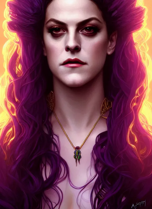 Prompt: portrait of riley keough as a vampire queen, jewelry, greek, purple, intricate, headshot, highly detailed, digital painting, artstation, concept art, sharp focus, cinematic lighting, illustration, art by artgerm and greg rutkowski, alphonse mucha, cgsociety