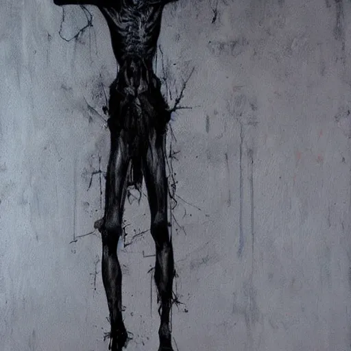 Image similar to death-camp-survivor-super-skinny-emaciated-horribly-skinny-Demon-Haunting painting by Thomas-Montacellinio