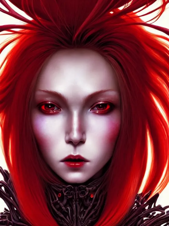 Prompt: close up picture of a red witch with exoskeleton, bored, coveted, beautiful and aesthetic, intricate, unreal engine, messy hair, highly detailed, detailed face, smooth, sharp focus, chiaroscuro, manga illustration, artgerm, greg rutkowski, ilya kuvshinov, rossdraws, alphonse mucha, young adult light novel cover art