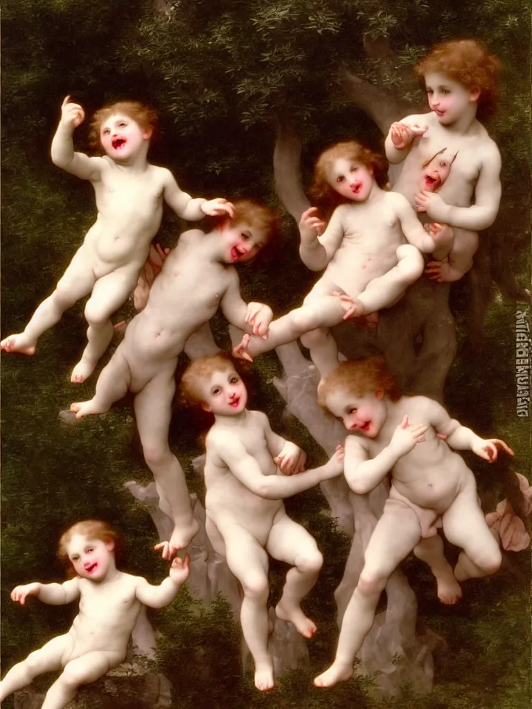 Prompt: Devils Laugh at Cherubs in an Arcadian Milieu, art by Gustav Doré and William-Adolphe Bourguereau