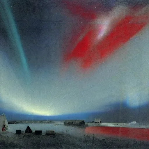 Image similar to the epic abstract painting'blue arctic void with black and red aurora borealis above a tiny inuit village ', by caspar david friedrich!!!, by rothko!!!, stunning masterpiece, trending on artstation