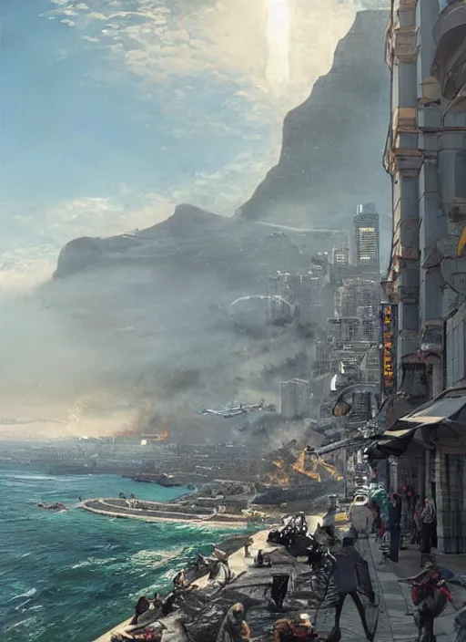 Prompt: hyper realistic robot attacking cape town city harbor beautiful details, strong composition, poster painted by weta studio rutkowski, james gurney and greg rutkowski, and lucasfilm