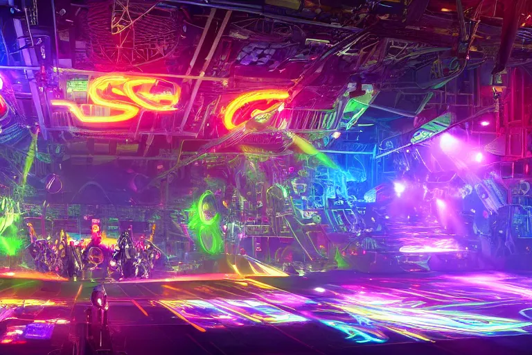 Image similar to a concert stage, big glowing letters over the stage tripmachine, center of the stage is a big futuristic steampunk generator surrounded by huge steampunk robots, rock musicians on the stage, laser show, 8 k, fluorescent colors, halluzinogenic, multicolored, exaggerated detailed, unreal engine