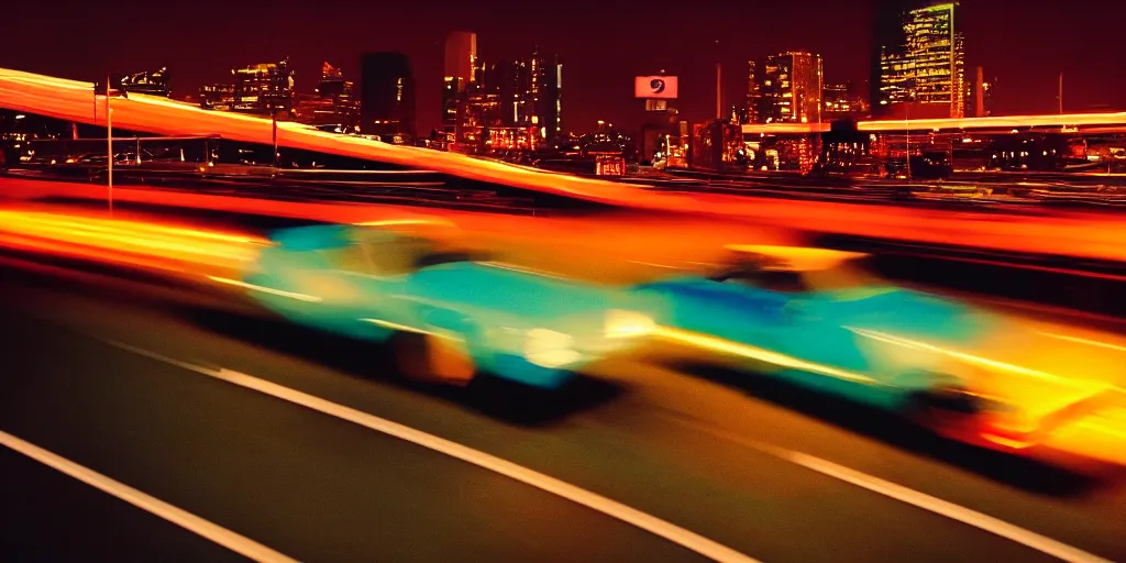 Prompt: 8 0 s neon movie still, high speed car chase on the highway at night with bright city in background, medium format color photography, 8 k resolution, movie directed by kar wai wong, hyperrealistic, photorealistic, high definition, highly detailed, tehnicolor, anamorphic lens, award - winning photography, masterpiece