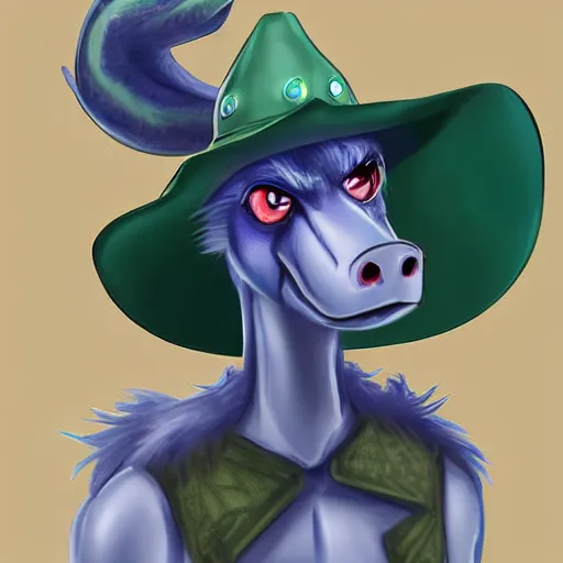 Image similar to digital art of a green scaled anthro dragon with blue hair and an australian cowboy hat