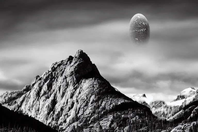 Image similar to small alien spaceship in the background, mountains, in the style of ansel adams, black and white, old, master photography by ansel adams