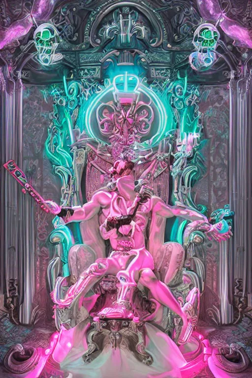 Image similar to fantasy rococo and cyberpunk style white neon statue of a muscular attractive tan male Peruvian macho dotado android reclining sim roupa con piroca dura, glowing pink face, white baseball cap, green steampunk lasers, emeralds, swirling white silk fabric. futuristic elements. prismatic liquid rainbow light, full-length view. space robots. human skulls. throne made of bones, intricate artwork by caravaggio. Trending on artstation, octane render, cinematic lighting from the right, hyper realism, octane render, 8k, depth of field, 3D