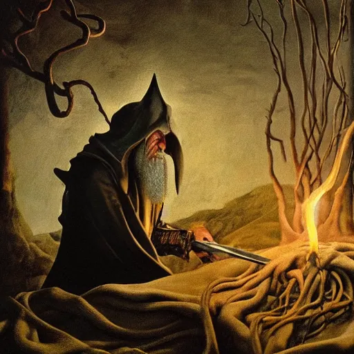 Image similar to the evil ian mckellen smithing on an anvil as gandalf in a dark viking hood playing odin all father crafting the plant of life with vines on an anvil, highly detailed, cinematic shot, cinematic lighting, 8 k, exquisit facial detail, painting by artemisia gentileschi, chiaroscuro, dark painting.