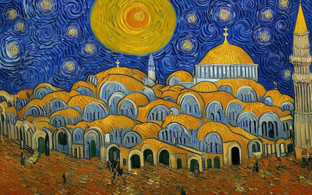 Image similar to detailed expressionist oil painting by van gogh of the hagia sophia church of constantinople, beautiful byzantine architecture, landscape painting, expressionism, 8 k resolution, smooth, sharp focus, matte painting, dramatic lighting, small bushstrokes